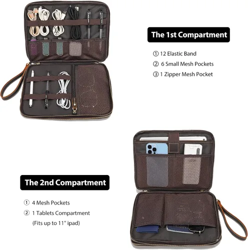 Miniatura 4 de LANNSYNE Bolsa de accesorios de cable de viaje de cuero de grano completo, organizador electrónico, estuche de almacenamiento de doble capa