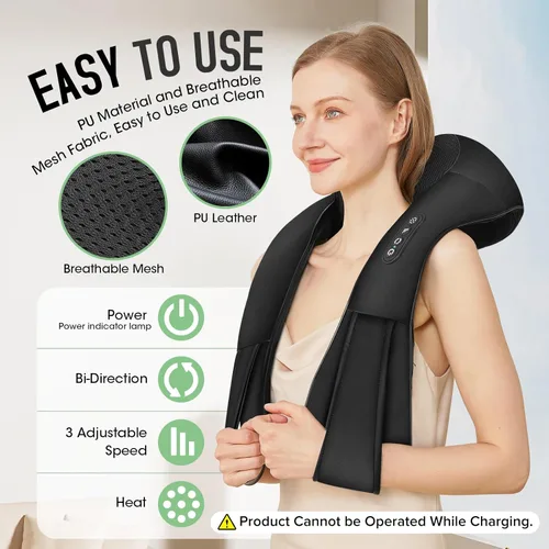 Miniatura 5 de Masajeador Shiatsu inalámbrico de cuello y hombros, masajeador de espalda con calor, masaje de tejido más profundo 4D para hombros, cuello y Negro