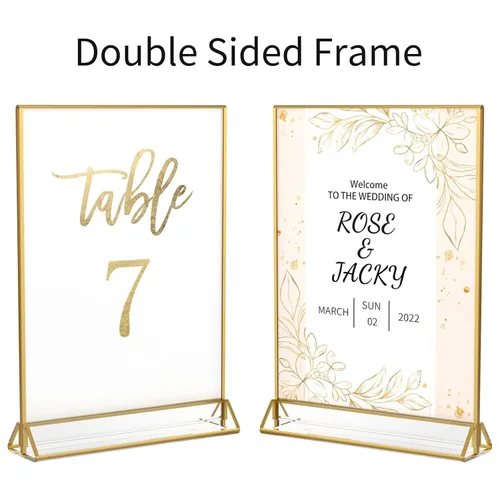 Miniatura 4 de NIUBEE Paquete de 6 soportes de acrílico transparente de 4 x 6 con bordes dorados y soporte vertical, soportes de menú de mesa de doble cara marcos