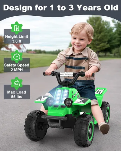 Miniatura 3 de ANPABO - Cuatrimoto eléctrica para paseo de 6V 7AH para niños, de 4 ruedas para niños pequeños con faro, marcha adelante y atrás, claxon, Verde