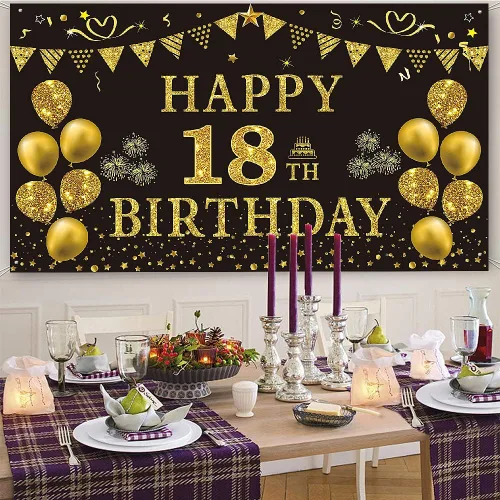 Miniatura 8 de Trgowaul Decoraciones de cumpleaños número 18 para hombres, pancarta de fondo negro y dorado de 5.9 x 3.6 pies, suministros de fotografía de feliz