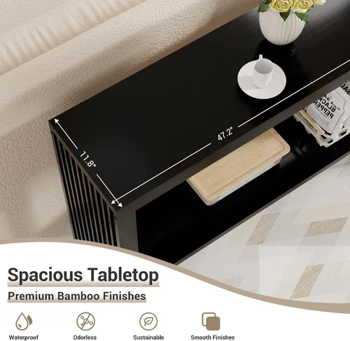Miniatura 5 de Mesa de consola de madera de bambú 47.2" Mesa de entrada, mesa de sofá estrecha de granja de 2 niveles con estante de almacenamiento, mesa de sofá