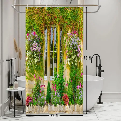 Miniatura 4 de Cortina de ducha de pared floral de primavera, ciudad de campo, hojas de hiedra verde, flores de flores de Italia, cortina de ducha para decoración