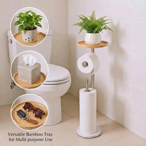 Miniatura 2 de Soporte para papel higiénico con bandeja grande de bambú de 7.9 pulgadas, base de mármol más pesada de 2.2 libras, soporte de papel de pie