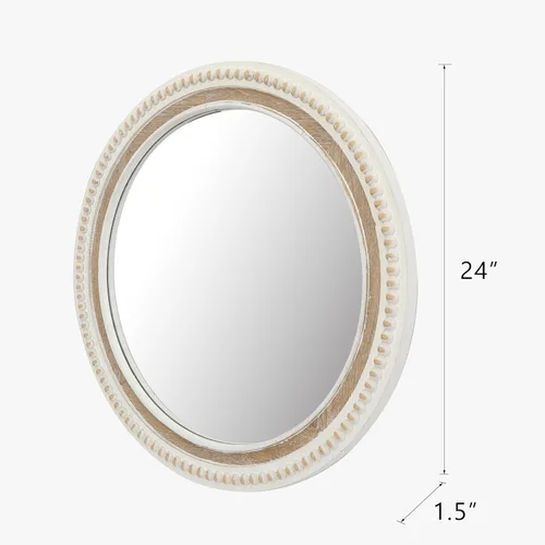 Miniatura 7 de Espejo de pared redondo de 24 pulgadas, espejo bohemio con cuentas de madera blanca envejecida, espejo decorativo de granja para dormitorio, sala