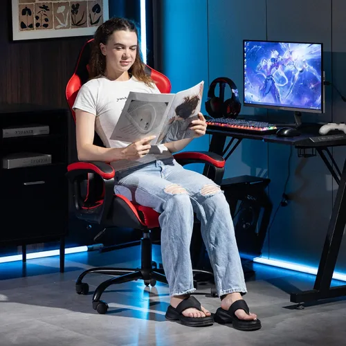 Miniatura 9 de Silla gamer de piel sintética con masaje, para PC y videojuegos, con soporte lumbar para hombres y mujeres, para el hogar y la oficina, altura Rojo