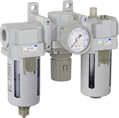PneumaticPlus SAU400-N04G Filtro de aire comprimido Regulador Lubricador Combo 1/2" NPT - Cuenco de polietileno, drenaje manual, soporte, calibre