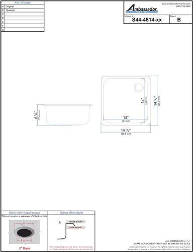 Miniatura 3 de AMBASSADOR MARINE Fregadero rectangular de acero inoxidable 304 GRADE – cepillado, 14-1/2" x 14-1/2" x 6" de profundidad (S44-4614-BR-W)