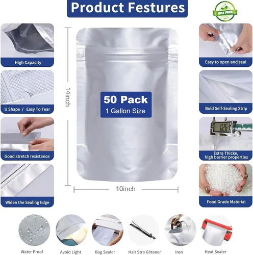 Miniatura 7 de 50 bolsas de Mylar de 1 galón, bolsas de Mylar de 10 x 14 pulgadas con absorbentes de oxígeno (50 x 500 cc) para almacenamiento de alimentos, bolsa