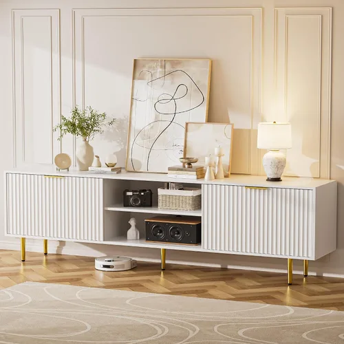 Miniatura 10 de Soporte de TV acanalado de 58 pulgadas, consola de TV moderna de mediados de siglo para TV de 65/70/75 pulgadas, centro de entretenimiento de madera