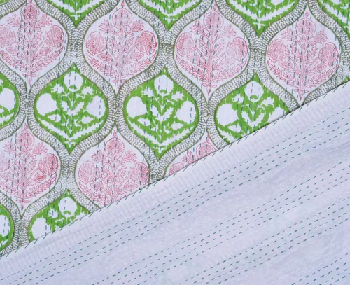Miniatura 6 de Colcha Kantha de algodón con estampado de bloques de mano india, tamaño individual, 90 x 60 pulgadas