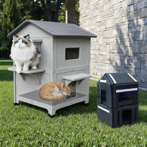 Rockever Casa de gatos al aire libre de plástico con forro aislado, 100% casas de gatos al aire libre aisladas para invierno, refugio para gatos al