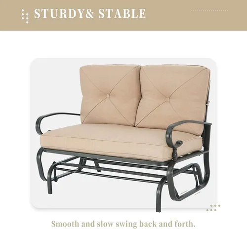Miniatura 9 de SUNCROWN Silla mecedora al aire libre, silla mecedora de 2 asientos para patio, sofá biplaza con cojines, muebles de marco de acero, color marrón