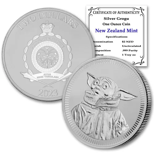 Moneda Niue Silver Star Wars Mandalorian Baby Yoda Grogu 2023-1 oz de The New Zealand Mint Brilliant Uncirculated con certificado de autenticidad $2