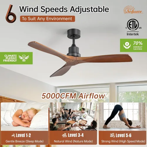 Miniatura 2 de Sofucor - Ventilador de techo de 52 pulgadas sin luces, moderno, de madera maciza, con control remoto, 5000 CFM de alto flujo de aire, motor CC