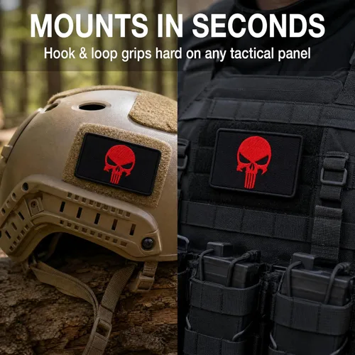 Miniatura 4 de Paquete de 2 parches de calavera roja bordados con gancho y bucle, parches militares tácticos para transportador de placas, mochila, casco, arnés