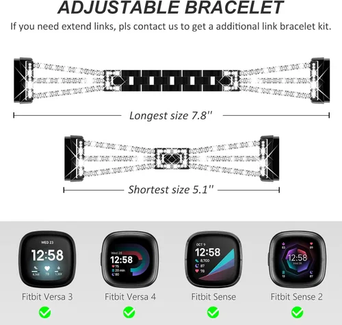 Miniatura 5 de FULLIFE Compatible con Fitbit Versa 3/Fitbit Versa 4 con diamantes de cristal, correa de acero para Fitbit Sense/Fitbit Sense 2 para mujer