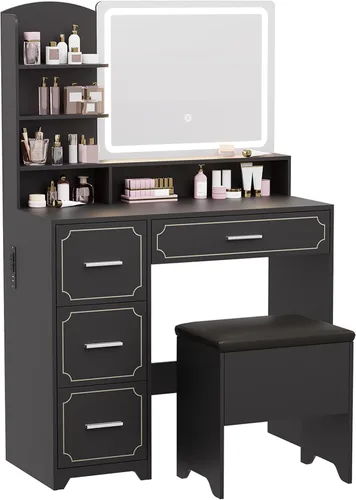 Miniatura 8 de Makeup Vanity Desk with Lighted Mirror and Power Outlet, Vanity Table Set with Stool, 5 Open Shelves and 4 Drawers, White Dressing Table with