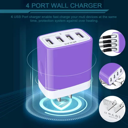 Miniatura 4 de Cargador de pared, adaptador de cargador USB, estación de carga rápida AILKIN 4.8A, 4 puertos múltiples, bloque de base de alimentación, enchufe