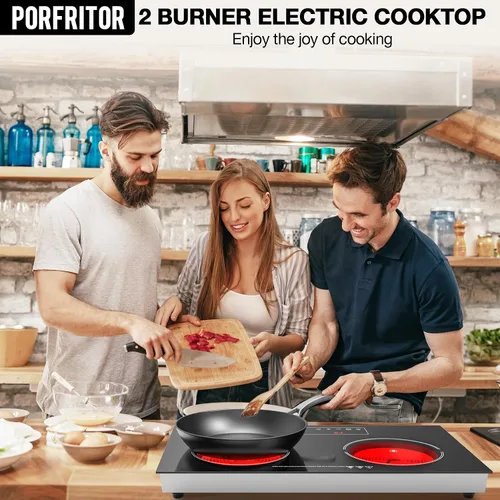 Miniatura 2 de Cocina eléctrica, 110 V, 2400 W, 2 quemadores, encimera y estufa integrada con 9 niveles de potencia, bloqueo de seguridad para niños, temporizador