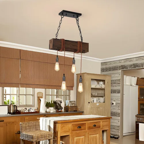 Miniatura 7 de KEESFU 4 luces colgantes de granja para isla de cocina, luz colgante de techo de madera rústica, altura ajustable, lámpara de comedor para isla