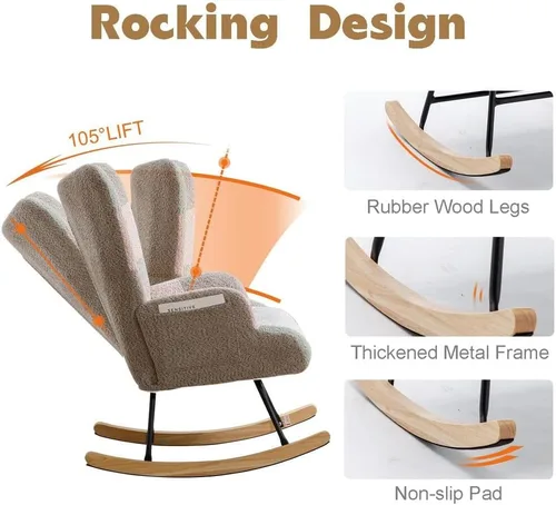 Miniatura 5 de Silla mecedora tapizada estilo oso de peluche para cuarto de bebé, con respaldo alto, silla lateral cómoda para sala de estar, dormitorio, oficinas
