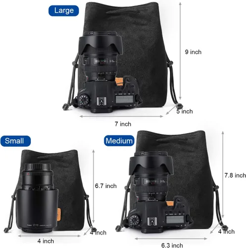Miniatura 3 de S-ZONE Bolsa suave para cámara DSLR, bolsa de inserción con cordón, funda de lente compatible con Canon Nikon Sony Negro