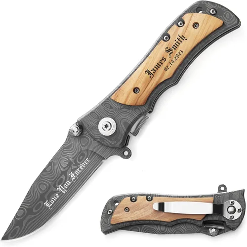 Miniatura 2 de Cuchillo plegable grabado personalizado para novio, esposo, papá, hijo - Cuchillos personalizados para hombres de campamento, pesca y caza con clip
