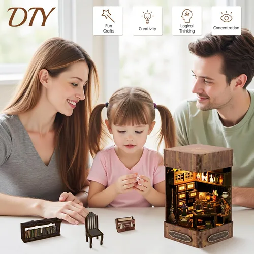 Miniatura 7 de Kit de rincón de libros de bricolaje – Estantería de casa de muñecas en miniatura, rompecabezas de estantería de madera 3D, rompecabezas creativo