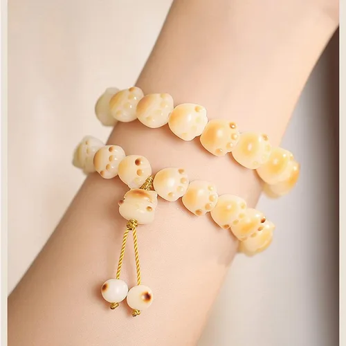 Miniatura 2 de Cuentas de rosario de jade blanco natural de raíz de Bodhi para mujer con una pulsera de un solo anillo