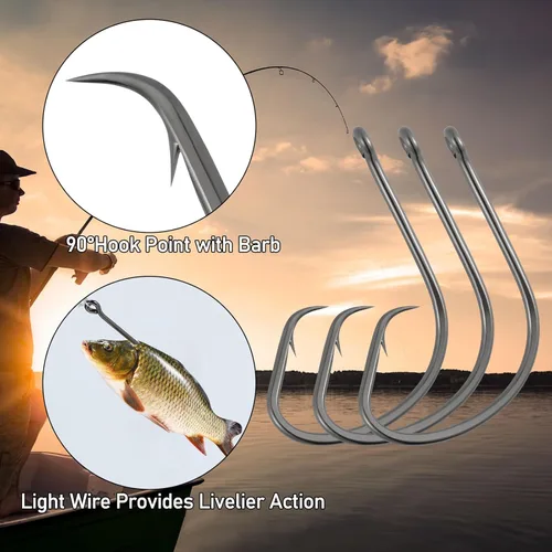 Miniatura 5 de Dr.Fish Paquete de 100 ganchos circulares ligeros para pesca de agua dulce y salada, anzuelos de pesca de cebo vivo de gran hueco, pesca de cebo