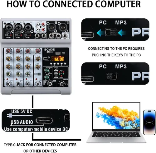 Miniatura 4 de BOMGE Mezclador de audio, consola de mezcla de tablero de sonido con 5 canales digitales USB Bluetooth, efecto de eco y retardo, alimentación