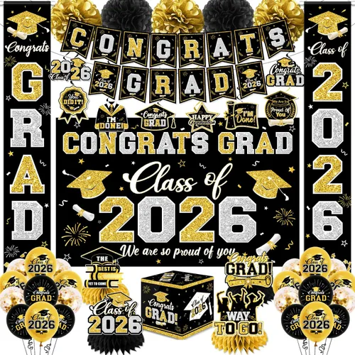 Decoraciones de graduación de clase de 2026, decoraciones de graduación negras y doradas con pancarta de felicitaciones, telón de fondo, letrero de