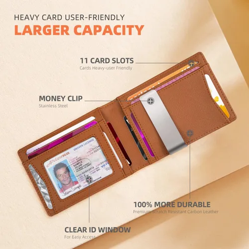 Miniatura 155 de RUNBOX - Carteras delgadas para hombre, cartera de piel con pinza para el dinero, cartera de bolsillo frontal con bloqueo RFID, tarjetero