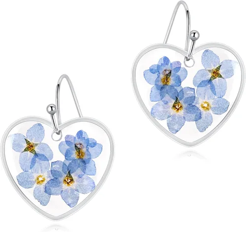 Miniatura 8 de Pendientes de flores prensadas, hechos a mano, con flores de olvidémino y encaje de la reina Ana, flores silvestres únicas de resina seca, perfectos