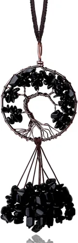 MAIBAOTA Adorno colgante de cristal redondo negro obsidiana decoración árbol de la vida espiritual habitación decoración de pared lindo coche espejo