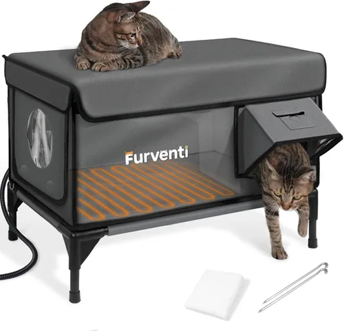 Casa climatizada para gatos para exteriores, soportes de doble cámara, 100% resistente a la intemperie y extremadamente aislada, refugio elevado