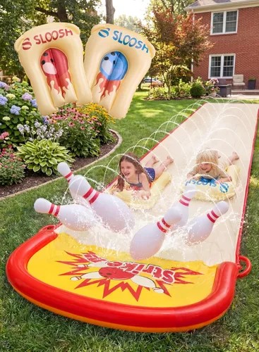 Sloosh Juego de bolos de tobogán acuático de 20 pies, toboganes de agua y 2 bodyboards de verano con rociador integrado para diversión al aire libre