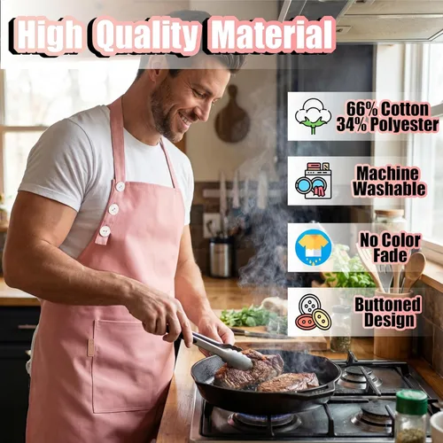 Miniatura 3 de TOSHE Delantal de cocina de algodón resistente a las gotas de agua con delantales ajustables para mujer con bolsillos, 10 opciones de color, Rosa