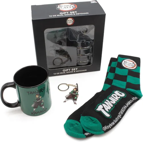 Culturefly Demon Slayer Tanjiro - Juego de regalo de 3 piezas (incluye 1 par de calcetines, 1 llavero y 1 taza), Verde