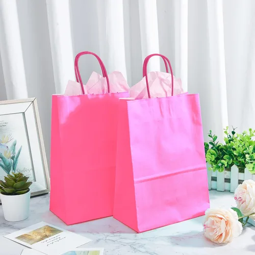 Miniatura 6 de DjinnGlory Paquete de 24 bolsas de regalo de papel rosa intenso de tamaño mediano con asas de 10 x 8 x 4 pulgadas y 24 papel de seda rosa para Rosa