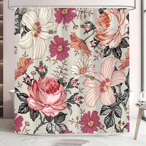 Miniatura 2 de Cortina de ducha floral rosa de 72 x 72 pulgadas, cortina de ducha retro de estilo rústico de mediados de siglo, para decoración de baño, tela