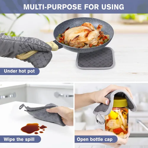 Miniatura 5 de 6 guantes de horno y soportes para ollas, resistentes al calor de 500 ℉ con toallas de cocina, forro de algodón suave y superficie de silicona Gris