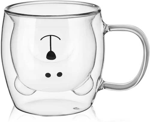 Patelai Linda taza de oso con asa de vidrio de doble pared para té, café y leche, taza de espresso aislada, taza de Navidad, taza de cerveza, lindo