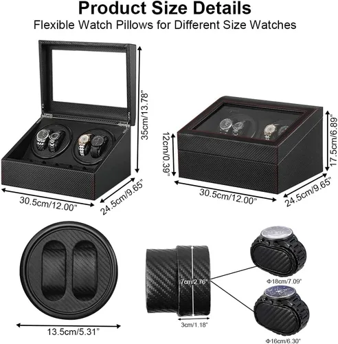 Miniatura 3 de Enrollador automático de reloj con 4 silenciosas cajas de bobinado de reloj de motor japonés + 6 almohadas flexibles para reloj, funda