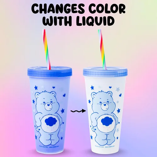 Miniatura 12 de Silver Buffalo Care Bears Corazones y Estrellas Juego de 4 Vasos de Plástico Cambian de Color con Popotes de Espiral Arcoíris con Tenderheart
