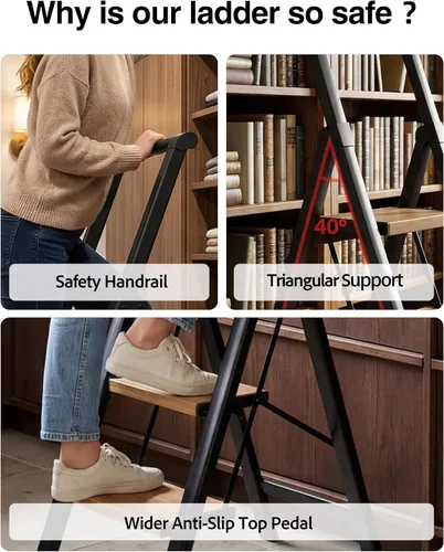 Miniatura 5 de Escalera de 3 escalones, taburete plegable con pedal ancho de aluminio y cómodo agarre, escalera de acero de capacidad de 330 libras para el hogar