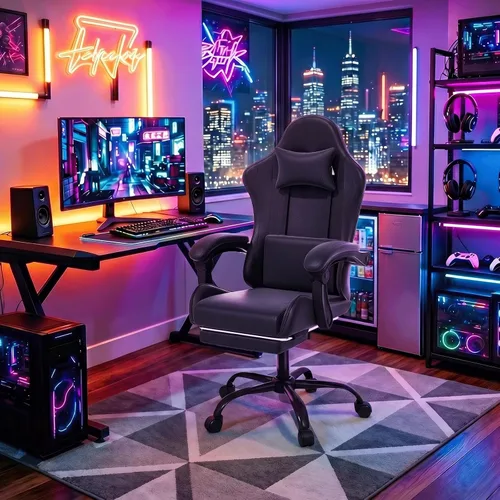 Miniatura 2 de Silla para videojuegos, sillas ergonómicas de computadora con brazos, soporte lumbar, reposapiés, reposacabezas giratoria de 360°, respaldo y altura