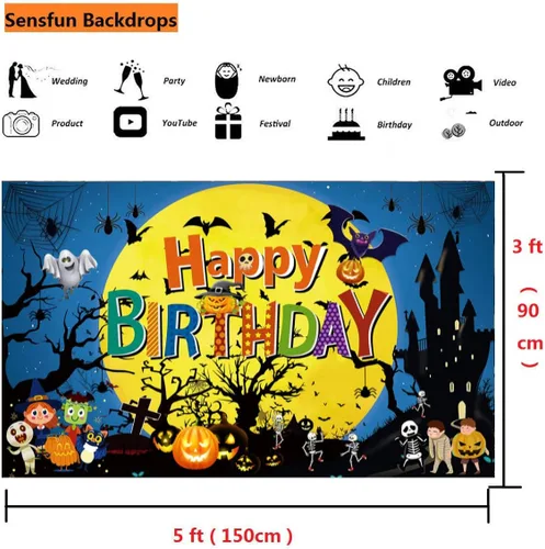 Miniatura 5 de Sensfun Telón de fondo de cumpleaños de Feliz Halloween, Luna Noche, Calabaza, Fondo de cumpleaños, Castillo Fantasma, Telón de fondo de Halloween