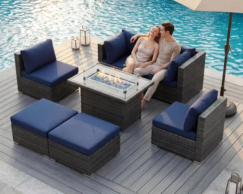 Miniatura 27 de BULEXYARD Juego de 7 piezas de sofá seccional para exteriores con respaldo alto, mesa para fogatas, juego de muebles de patio de mimbre resistente a